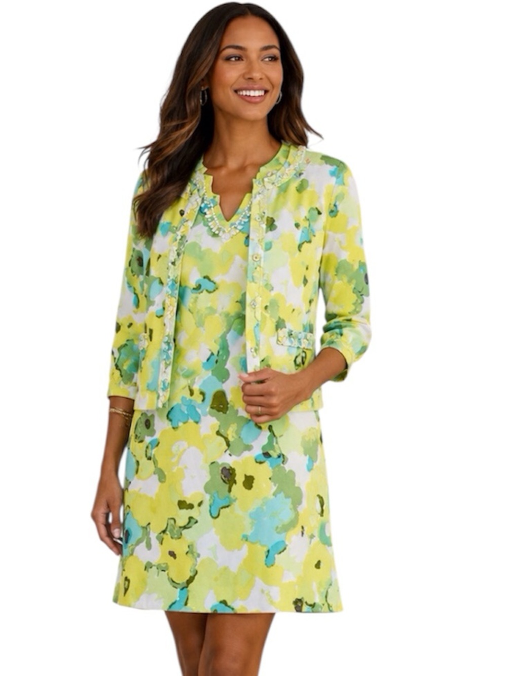 Ruby Red 2 Piece Green Yellow Ruffle Trim Dress and Jacket Set Size: 12